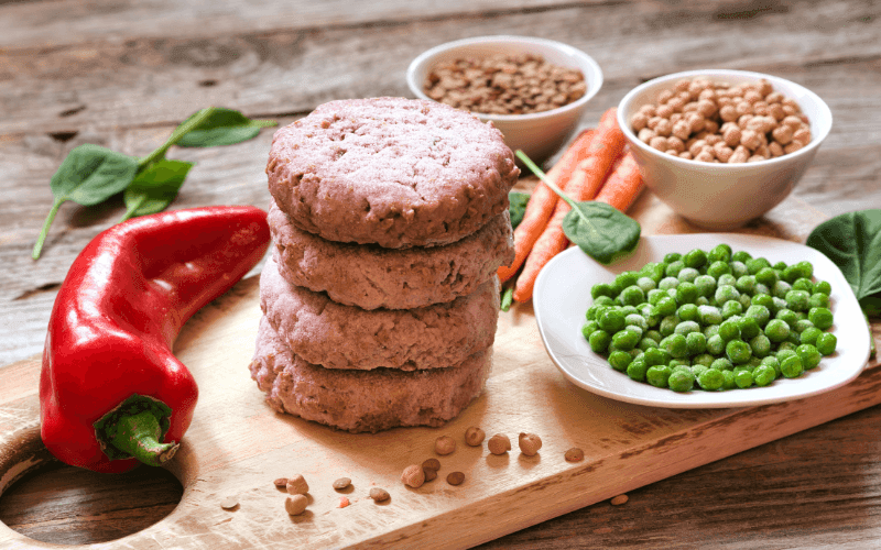 Plant-based meat burgers with peas and vegetables